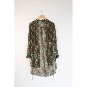 L'Amour Nanette Lepore Floral Button Down Tunic Women Medium Green Sheer